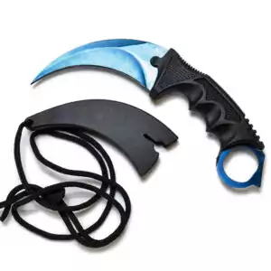 7.5-inch fixed pruning boline with a curved blue-toned blade and textured black handle, shown with its protective sheath and black carrying cord — ritual herb-harvesting cutting blade