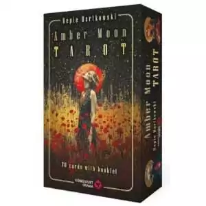 Amber Moon Tarot box showing a woman in a poppy field beneath a red-orange amber moon, with gold-speckled dark backdrop, painterly figures, and Hepie Bartkowski's name at the top.