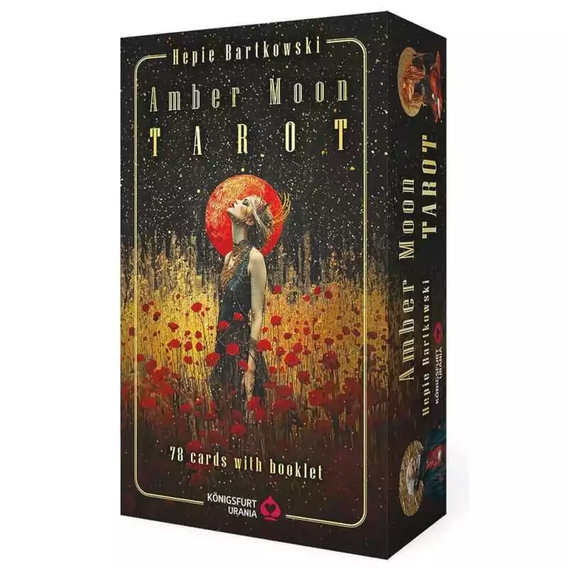 Amber Moon Tarot box showing a woman in a poppy field beneath a red-orange amber moon, with gold-speckled dark backdrop, painterly figures, and Hepie Bartkowski's name at the top.