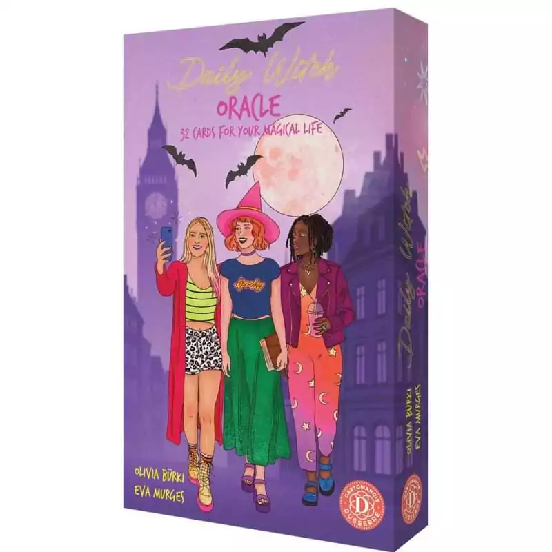 Daily Witch Oracle box showing three young women in modern witchy outfits walking through a purple London-like cityscape at dusk under a pink moon, with the subtitle 32 Cards for Your Magical Life.