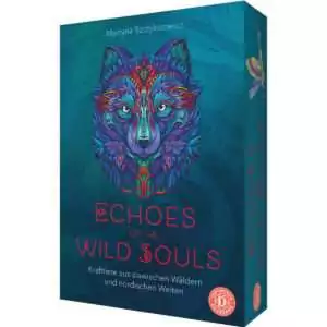 Echoes of the Wild Souls box showing a stylized wolf face rendered in blue with intricate ornamental red and turquoise patterns overlaid, subtitle in German reading Krafttiere aus slawischen Wäldern und nordischen Weiten.