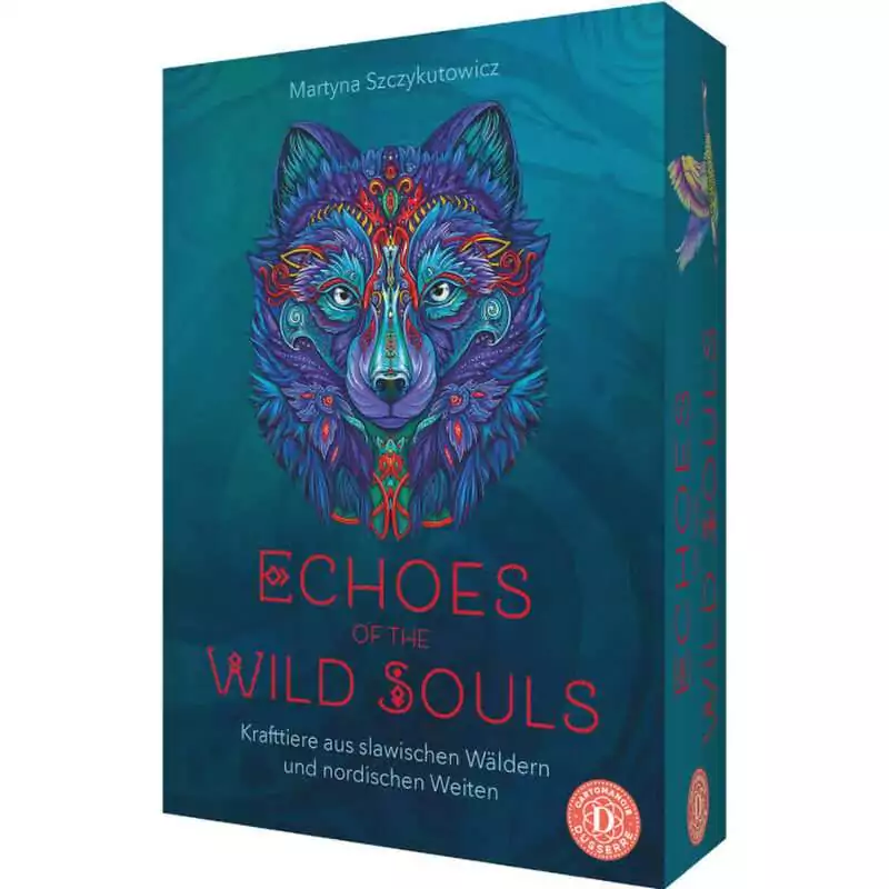 Echoes-of-the-Wild-Souls-by-Martyna-Szczykutowicz-DECHWIL Echoes of the Wild Souls box showing a stylized wolf face rendered in blue with intricate ornamental red and turquoise patterns overlaid, subtitle in German reading Krafttiere aus slawischen Wäldern und nordischen Weiten.
