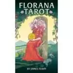 Florana Tarot box showing a figure with a peony crown seated in a rose and grape archway holding a pentacle, with rolling green landscape and rabbit at foreground, by James Ferry.