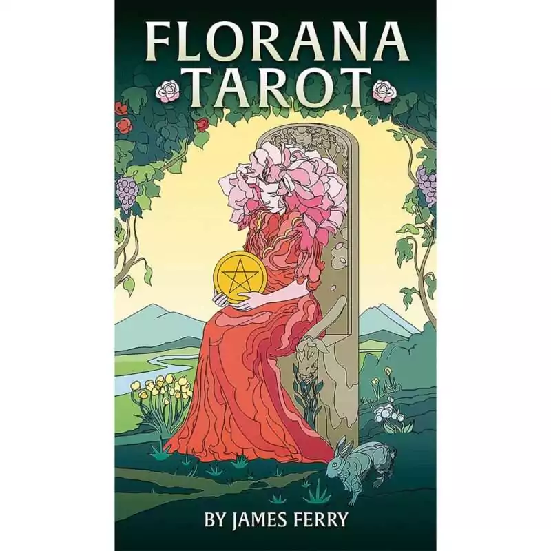 Florana-Tarot-by-James-Ferry-DFLOTAR Florana Tarot box showing a figure with a peony crown seated in a rose and grape archway holding a pentacle, with rolling green landscape and rabbit at foreground, by James Ferry.