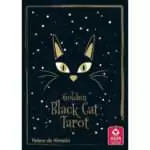 Golden Black Cat Tarot box showing a stylized black cat face with gold ears, whiskers, and eyes against a starry black background, with author Helena de Almeida and publisher AGM Urania.