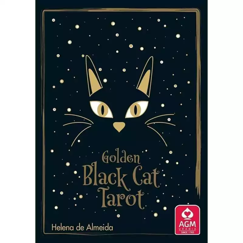 Golden Black Cat Tarot box showing a stylized black cat face with gold ears, whiskers, and eyes against a starry black background, with author Helena de Almeida and publisher AGM Urania.