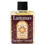 Lammas 4 dram anointing oil bottle from Envision Crystal — warm sun and floral label, black cap, golden oil inside. Used for first harvest sabbat candle anointing, ritual, and personal wear.