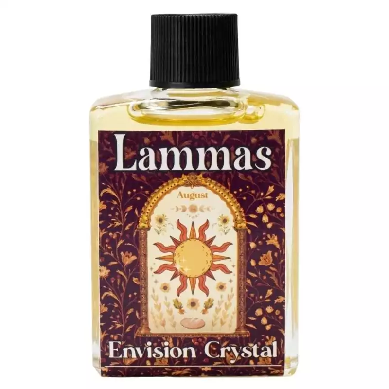 Lammas-4-dram-O4ELAM_Z Lammas 4 dram anointing oil bottle from Envision Crystal — warm sun and floral label, black cap, golden oil inside. Used for first harvest sabbat candle anointing, ritual, and personal wear.