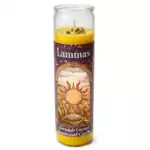 Tall yellow Lammas aromatic jar candle by Envision Crystal, featuring a sun design and floral patterns on the label, encased in a clear glass holder — handmade sabbat candle for Lughnasadh ritual.