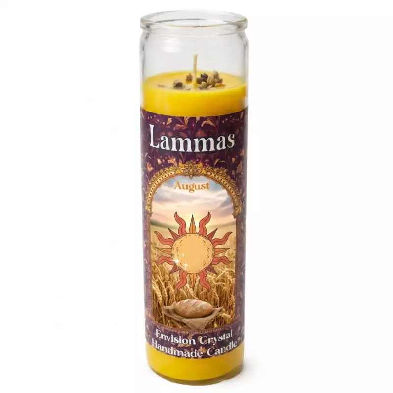Lammas-aromatic-jar-candle-CJELAM_Z Tall yellow Lammas aromatic jar candle by Envision Crystal, featuring a sun design and floral patterns on the label, encased in a clear glass holder — handmade sabbat candle for Lughnasadh ritual.