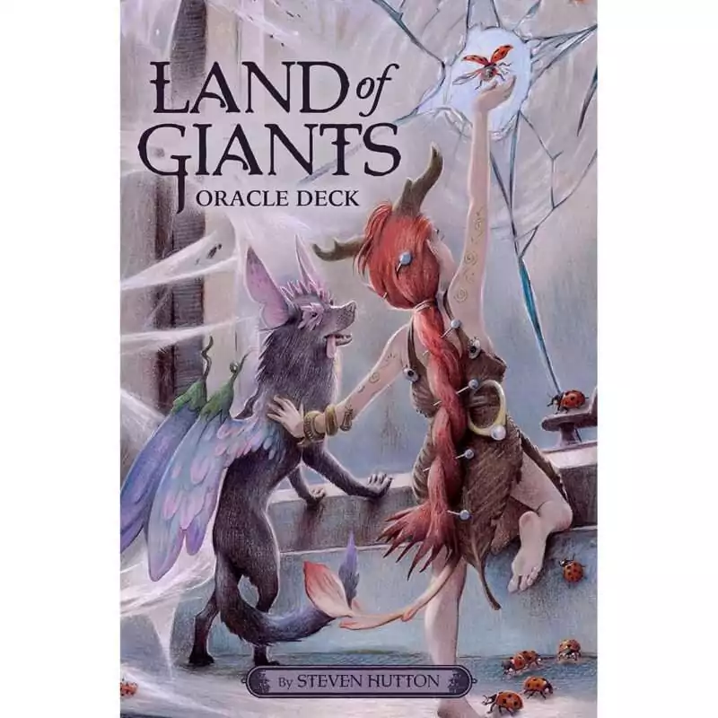 Land-of-Giants-oracle-by-Steven-Hutton-DLANGIA Land of Giants Oracle deck cover showing two small fairy folk, one with wings, in an abandoned manor with spider webs and ladybugs, one reaching toward a butterfly against a cracked window, by Steven Hutton.