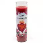 Tall red Love Uncrossing aromatic jar candle by Envision Crystal, with heart design and floral decorations on the label, handmade for removing crossed conditions from romantic life.