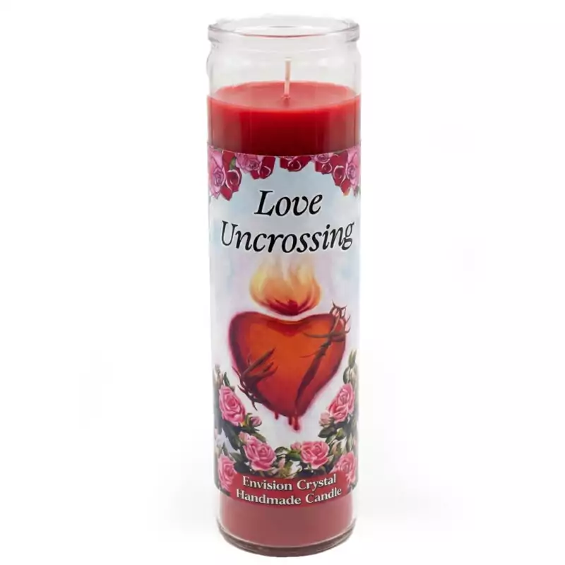 Love-Uncrossing-aromatic-jar-candle-CJELOVU_Z Tall red Love Uncrossing aromatic jar candle by Envision Crystal, with heart design and floral decorations on the label, handmade for removing crossed conditions from romantic life.