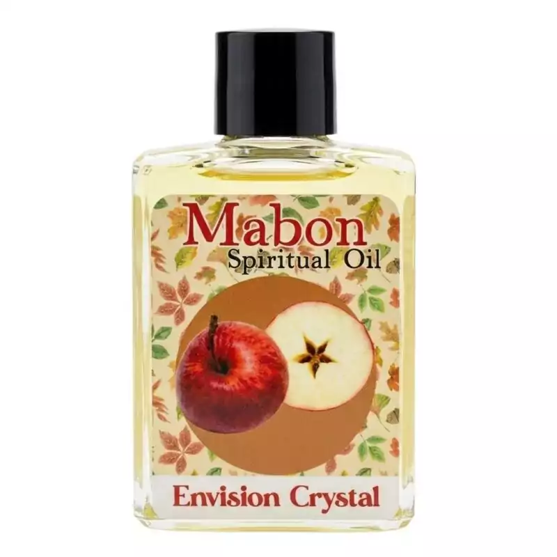 Mabon-4-dram-O4EMAB_Z Mabon 4 dram spiritual oil bottle from Envision Crystal — red apple and autumn floral label, brand name visible. Used for autumn equinox candle anointing, personal wear, and ritual.