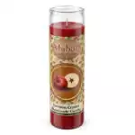 Red Mabon aromatic jar candle by Envision Crystal, with a label featuring apples and a star, designed for autumnal equinox rituals — handmade sabbat candle with all-natural herbs and scent.