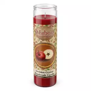 Red Mabon aromatic jar candle by Envision Crystal, with a label featuring apples and a star, designed for autumnal equinox rituals — handmade sabbat candle with all-natural herbs and scent.