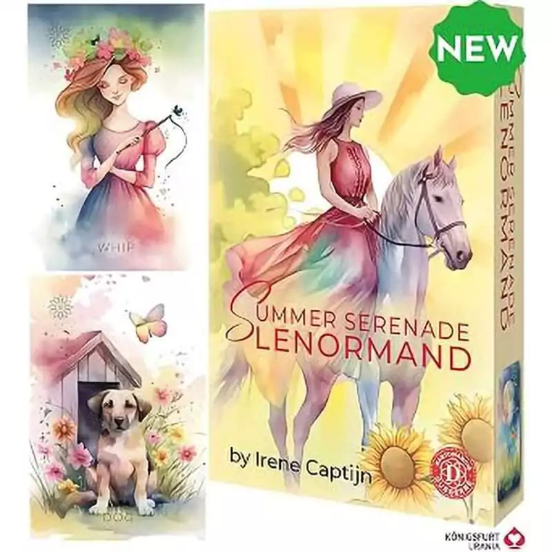Summer-Serenade-Lenormand-by-Irene-Captijn-DSUMSER Summer Serenade Lenormand box showing a woman in flowing red-to-yellow dress riding a white horse under a warm summer sun, with sunflower and lady-and-dog card previews, by Irene Captijn.