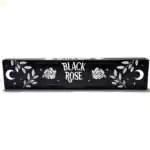 Black incense box labeled Black Rose, Twilight Blush, Organic Vegan, 15 Incense Sticks, decorated with white rose illustrations, crescent moons, and leaf branches.