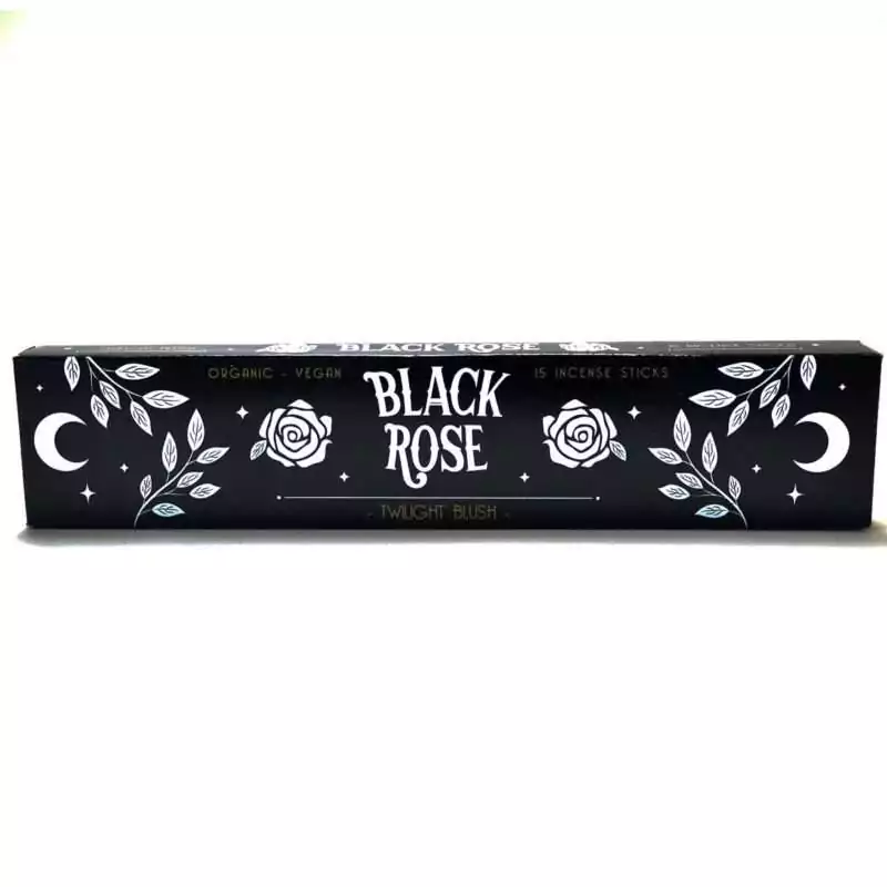 15pk-Black-Rose-stick-ISBLAR Black incense box labeled Black Rose, Twilight Blush, Organic Vegan, 15 Incense Sticks, decorated with white rose illustrations, crescent moons, and leaf branches.