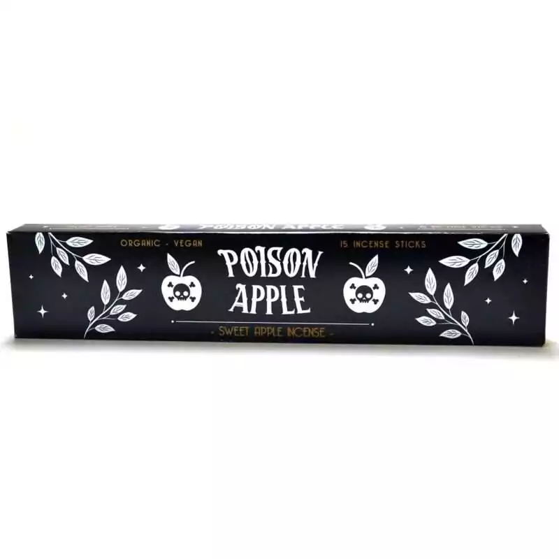 15pk-Poison-Apple-stick-ISPOIA Black incense box labeled Poison Apple, Sweet Apple Incense, Organic Vegan, 15 Incense Sticks, decorated with white skull-and-crossbones apple illustrations, leaf branches, and stars.