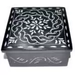 Black soapstone box with a hand-carved circular mandala design etched in pale lines across the lid, ringed by Celtic-style knotwork banding, approximately 4.25 inches square.