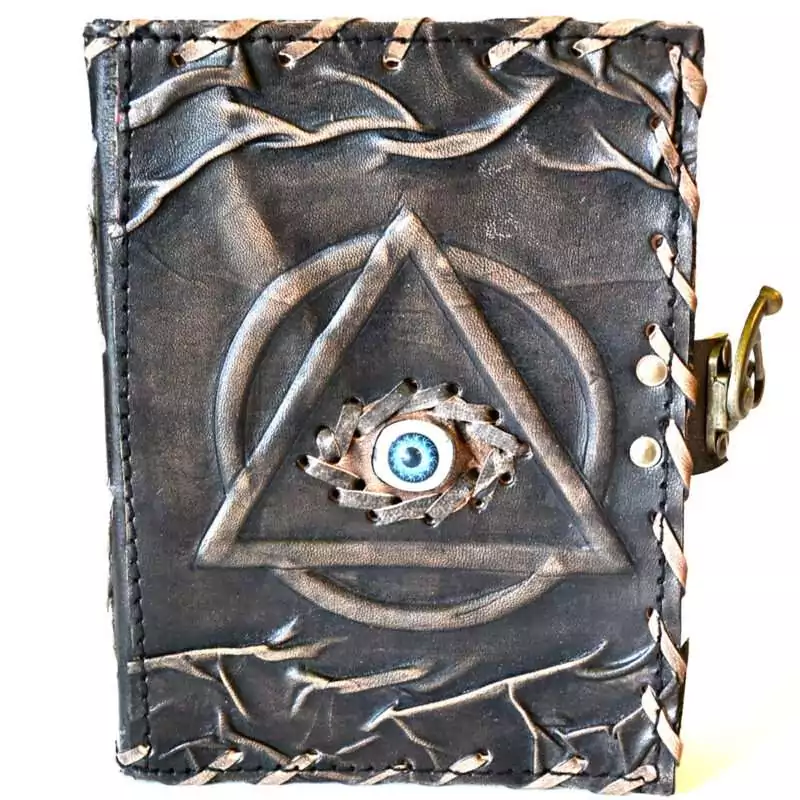 5quot-x-7quot-Circle-Triangle-Eye-leather-w-latch-BBBL009 5 by 7 inch vintage-style leather journal with circle, triangle, and Evil Eye design and latch closure