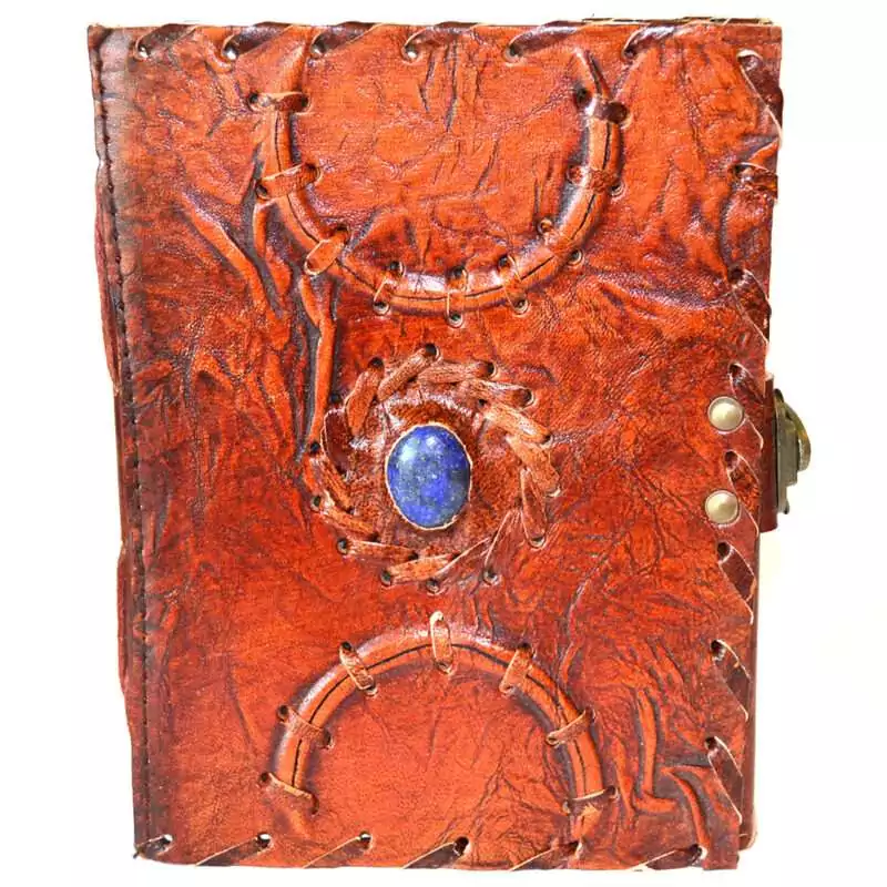 5quot-x-7quot-Eye-leather-w-latch-BBBL012 5 by 7 inch handcrafted leather journal with a woven triple moon design, a natural stone set at the center, and a side latch closure