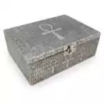 5 by 7 inch wood box with a hand-carved metal Ankh, the ancient Egyptian symbol of life, velvet lined with a secure latch