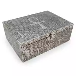 5 by 7 inch wood box with a hand-carved metal Ankh, the ancient Egyptian symbol of life, velvet lined with a secure latch