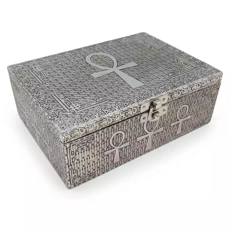 5 by 7 inch wood box with a hand-carved metal Ankh, the ancient Egyptian symbol of life, velvet lined with a secure latch