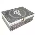 5 by 7 inch wood box with a hand-carved metal Goddess of Earth design, velvet lined with a secure latch