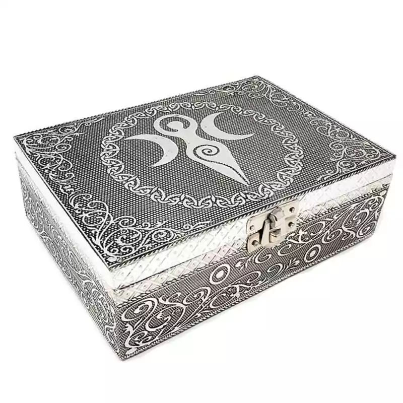 5 by 7 inch wood box with a hand-carved metal Goddess of Earth design, velvet lined with a secure latch