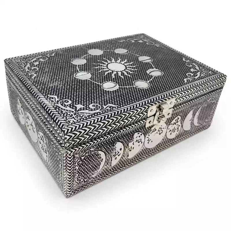 5quotx-7quot-Moon-Phase-metal-box-over-wood-FB57MP 5 by 7 inch wood box with a hand-carved metal moon phase design, velvet lined with a secure latch