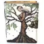 6 by 8 inch leather journal with Tree of Life Goddess design in colored leather, latch closure, aged-look organic paper