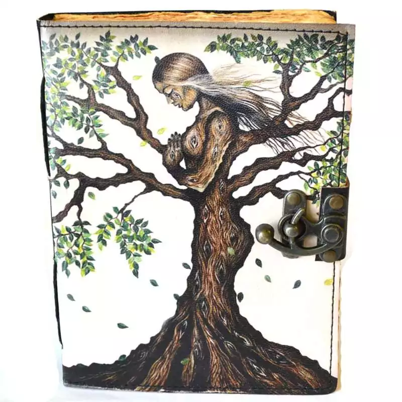 6 by 8 inch leather journal with Tree of Life Goddess design in colored leather, latch closure, aged-look organic paper