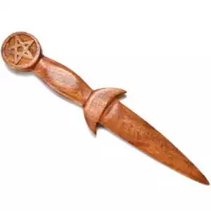 8.5 inch wooden ceremonial athame with carved pentagram design and traditional dagger shape