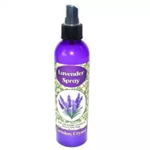 Purple 8 oz Envision Crystal Lavender Spray bottle with black pump top, showing a lavender sprig illustration on the label against a green vine pattern.