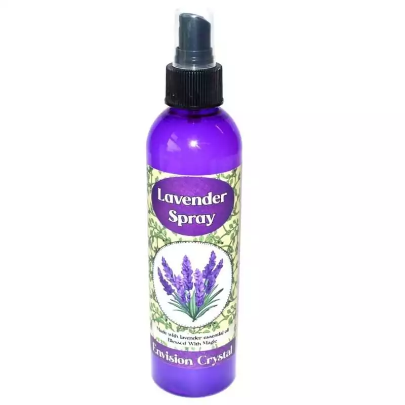 Purple 8 oz Envision Crystal Lavender Spray bottle with black pump top, showing a lavender sprig illustration on the label against a green vine pattern.