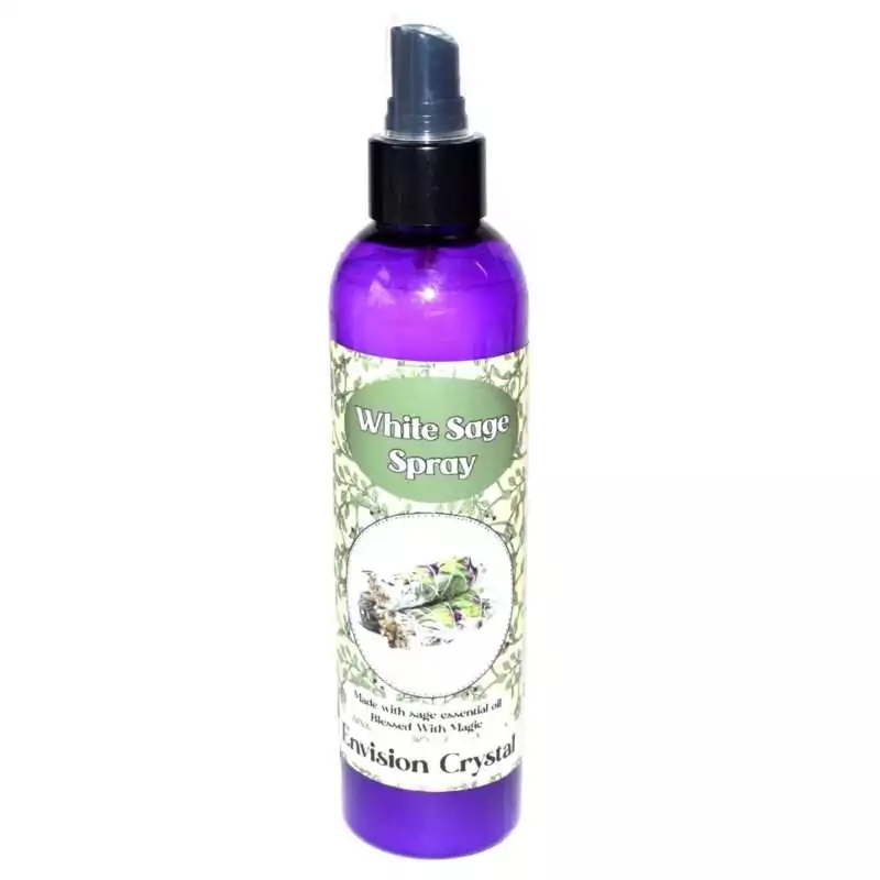 Purple 8 oz Envision Crystal White Sage Spray bottle with black pump top, showing an illustration of tied white sage smudge bundles against a green vine pattern label.