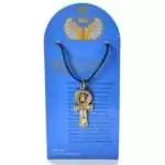 Bronze-tone Ankh pendant with a scarab beetle set into the center loop, on a black cord, shown on a Mystic Nile Egyptian Collection display card featuring a winged sun disc.