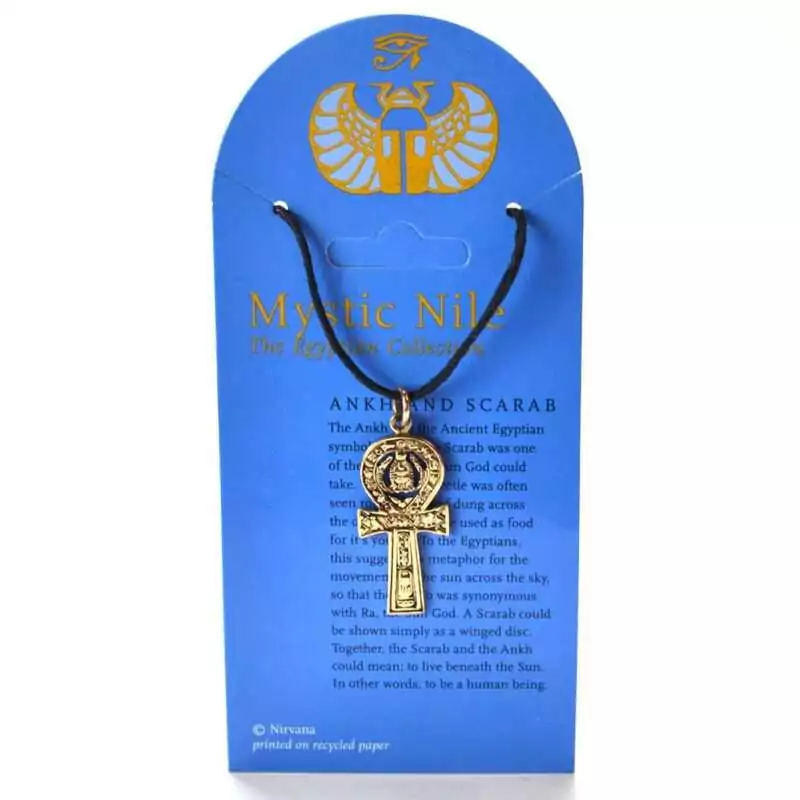 Bronze-tone Ankh pendant with a scarab beetle set into the center loop, on a black cord, shown on a Mystic Nile Egyptian Collection display card featuring a winged sun disc.