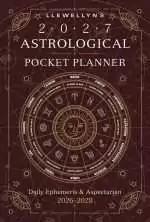 Cover of Llewellyn's 2027 Astrological Pocket Planner, a dark maroon design with a gold zodiac wheel and sun face, subtitled Daily Ephemeris and Aspectarian 2026-2028.