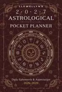 Cover of Llewellyn's 2027 Astrological Pocket Planner, a dark maroon design with a gold zodiac wheel and sun face, subtitled Daily Ephemeris and Aspectarian 2026-2028.