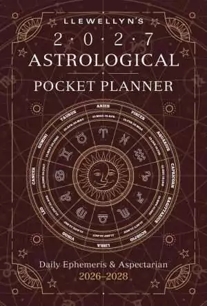 Cover of Llewellyn's 2027 Astrological Pocket Planner, a dark maroon design with a gold zodiac wheel and sun face, subtitled Daily Ephemeris and Aspectarian 2026-2028.