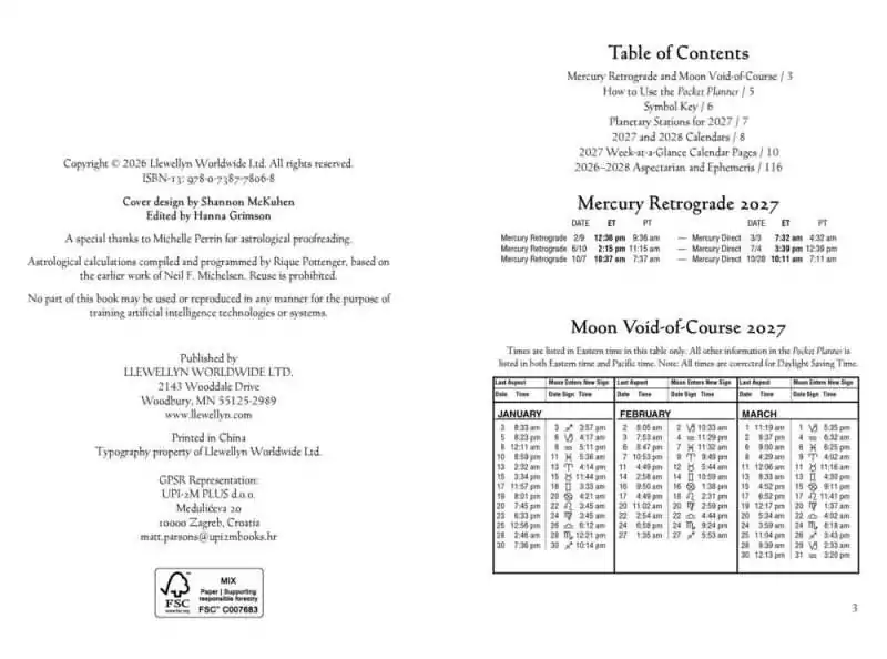 Interior page from Llewellyn's 2027 Astrological Pocket Planner showing the table of contents and a 2027 Mercury Retrograde and Moon Void-of-Course reference table.