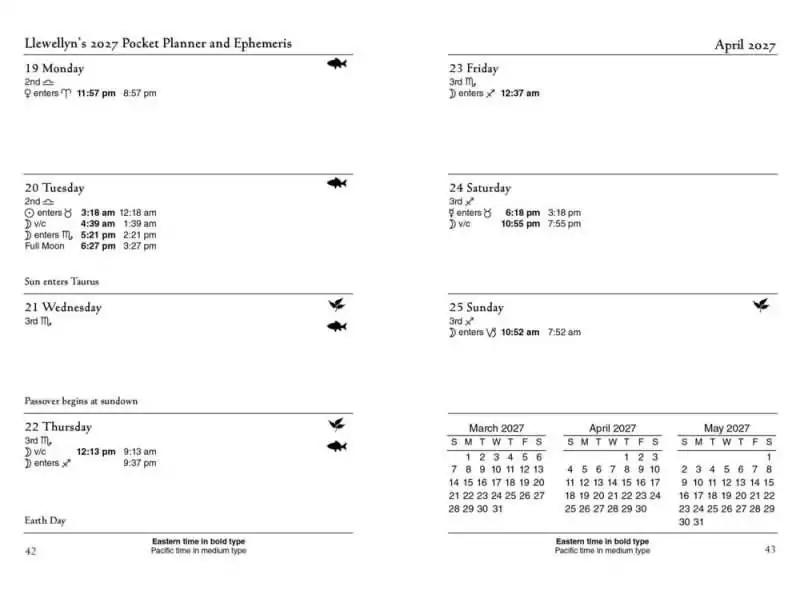 Sample week-at-a-glance spread from Llewellyn's 2027 Astrological Pocket Planner showing April dates with daily Moon signs, aspects, and a mini three-month calendar.
