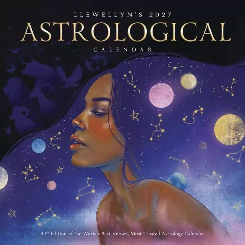 B27ASTW Image 1 Cover of Llewellyn's 2027 Astrological Calendar, illustrated with a woman's profile against a starry night sky of planets and constellations, marking its 94th edition.