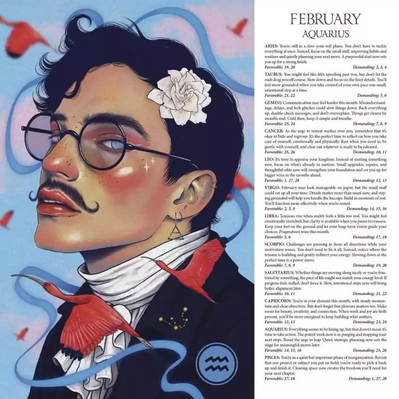 Sample February page from Llewellyn's 2027 Astrological Calendar with an illustrated portrait alongside monthly horoscopes and favorable and demanding days per zodiac sign.