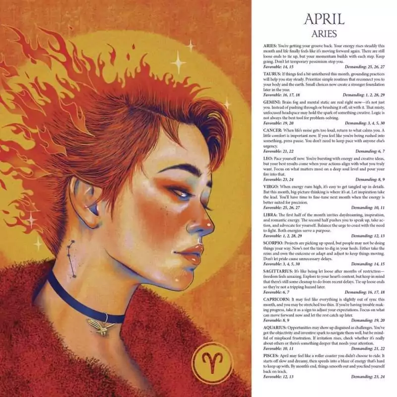 Sample April page from Llewellyn's 2027 Astrological Calendar featuring a fiery-haired Aries portrait beside monthly horoscopes for all twelve zodiac signs.
