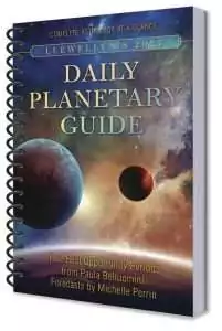 Cover of Llewellyn's 2027 Daily Planetary Guide, a spiral-bound book showing two planets against a nebula backdrop with contributors Paula Belluomini and Michelle Perrin credited.